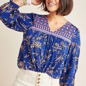 Anthropologie blue floral blouse